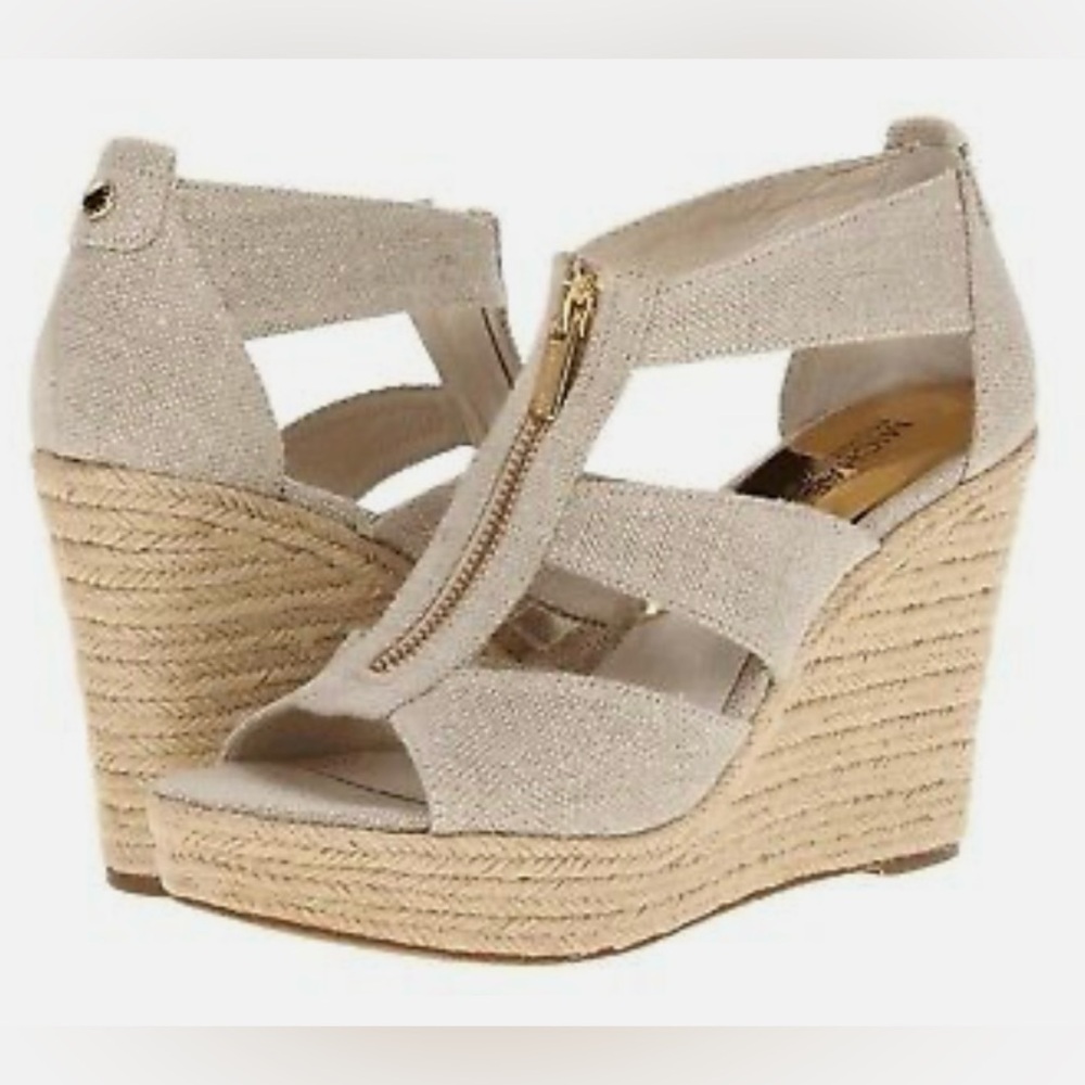 MICHAEL KORS DAMITA ICONIC GOLD MK LOGO NATURAL ESPADRILLE WEDGES Size 10